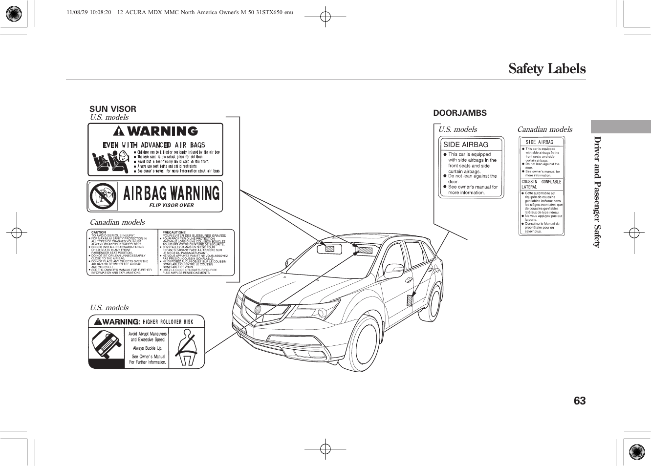 Safety labels | Acura 2012 MDX User Manual | Page 70 / 617