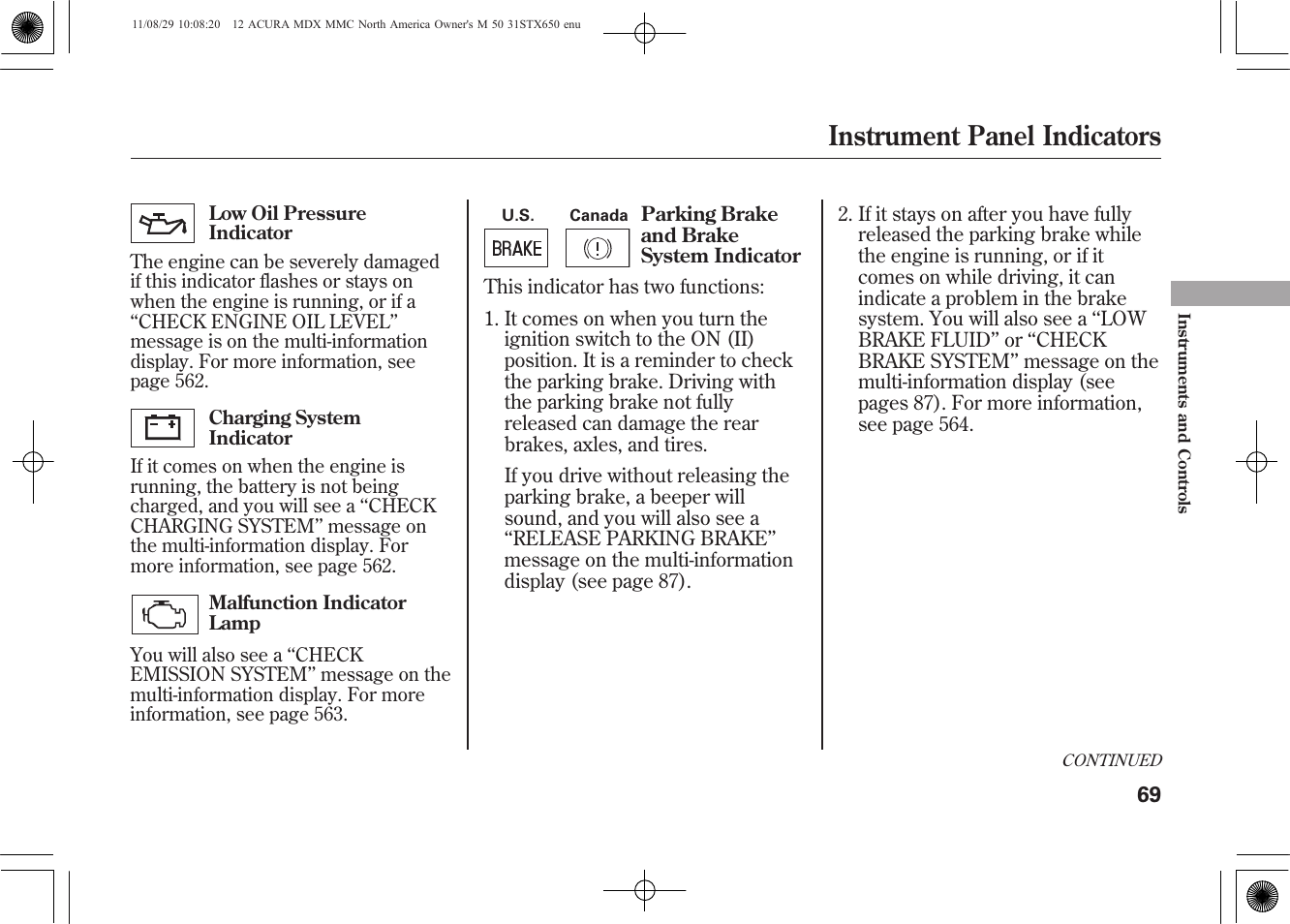 Instrument panel indicators | Acura 2012 MDX User Manual | Page 76 / 617
