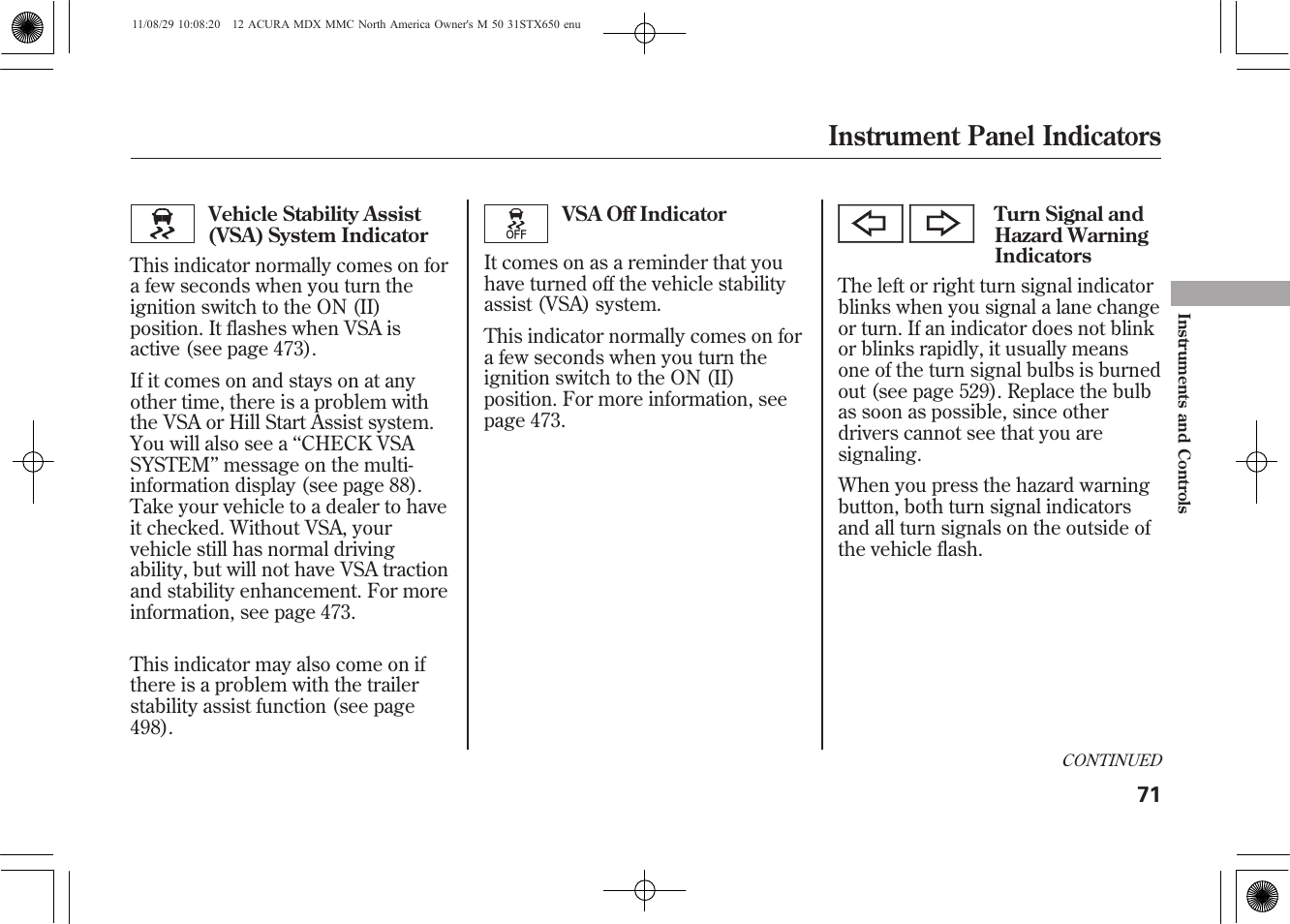 Instrument panel indicators | Acura 2012 MDX User Manual | Page 78 / 617