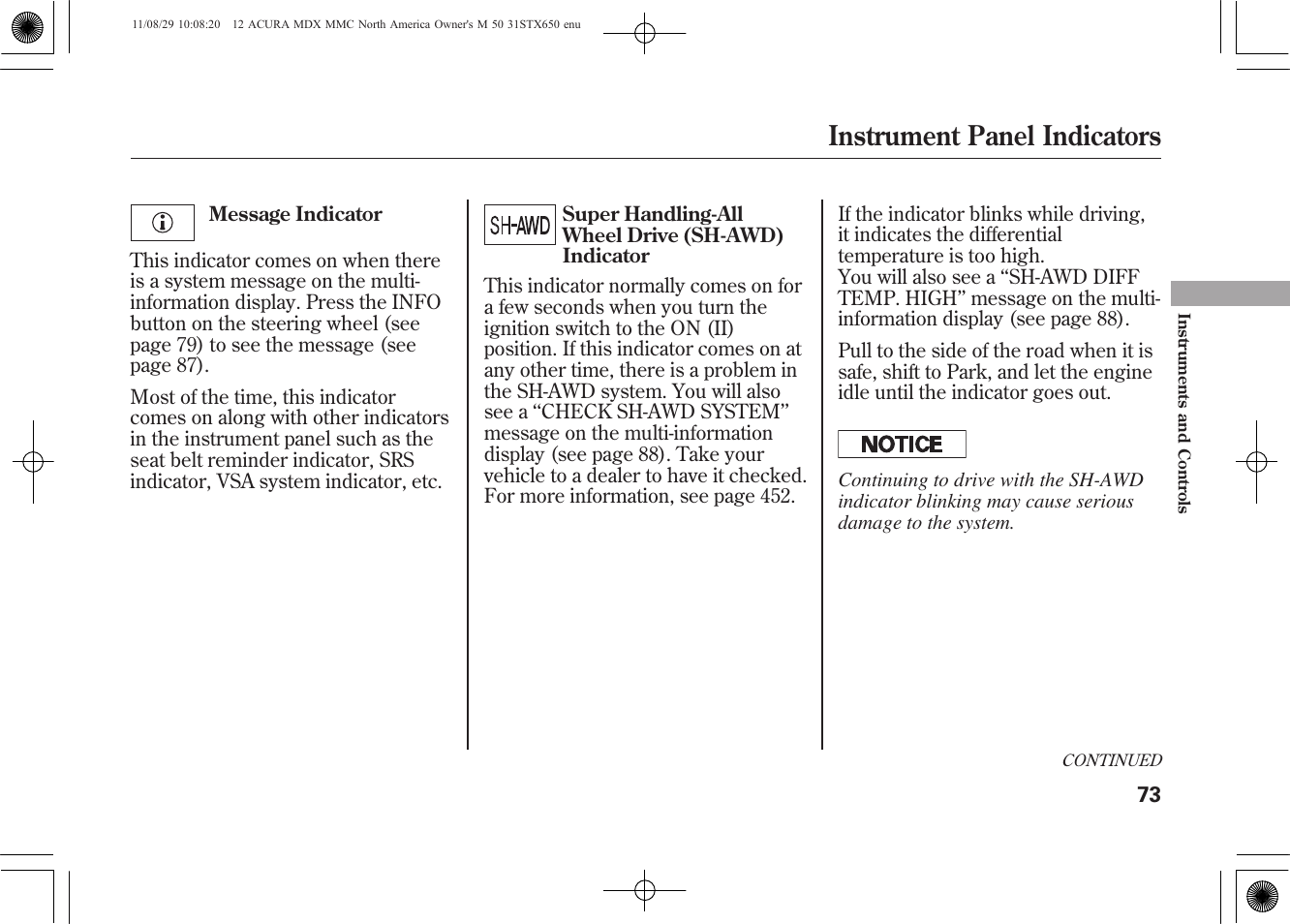Instrument panel indicators | Acura 2012 MDX User Manual | Page 80 / 617