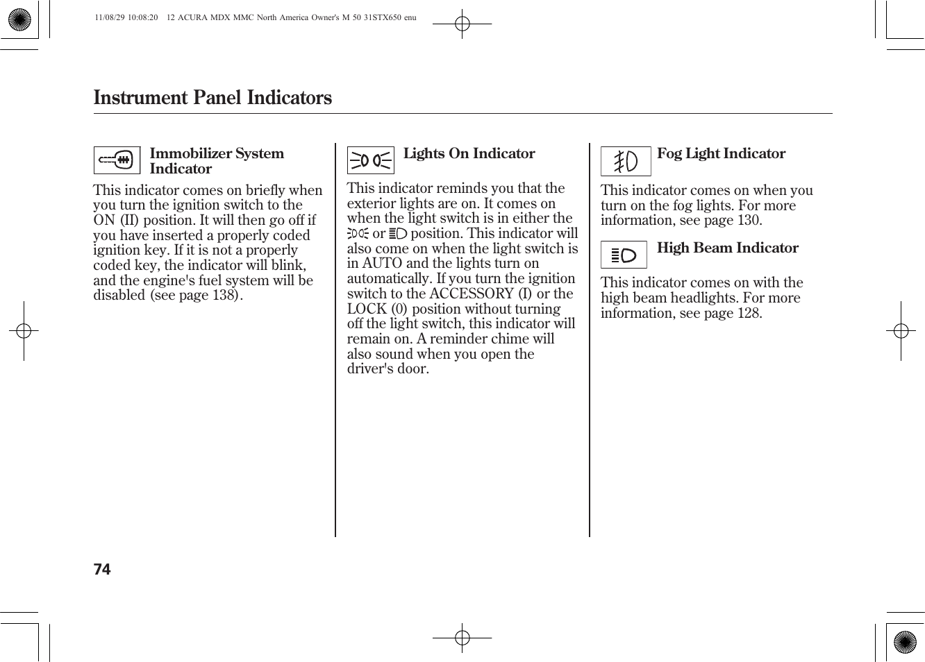 Instrument panel indicators | Acura 2012 MDX User Manual | Page 81 / 617