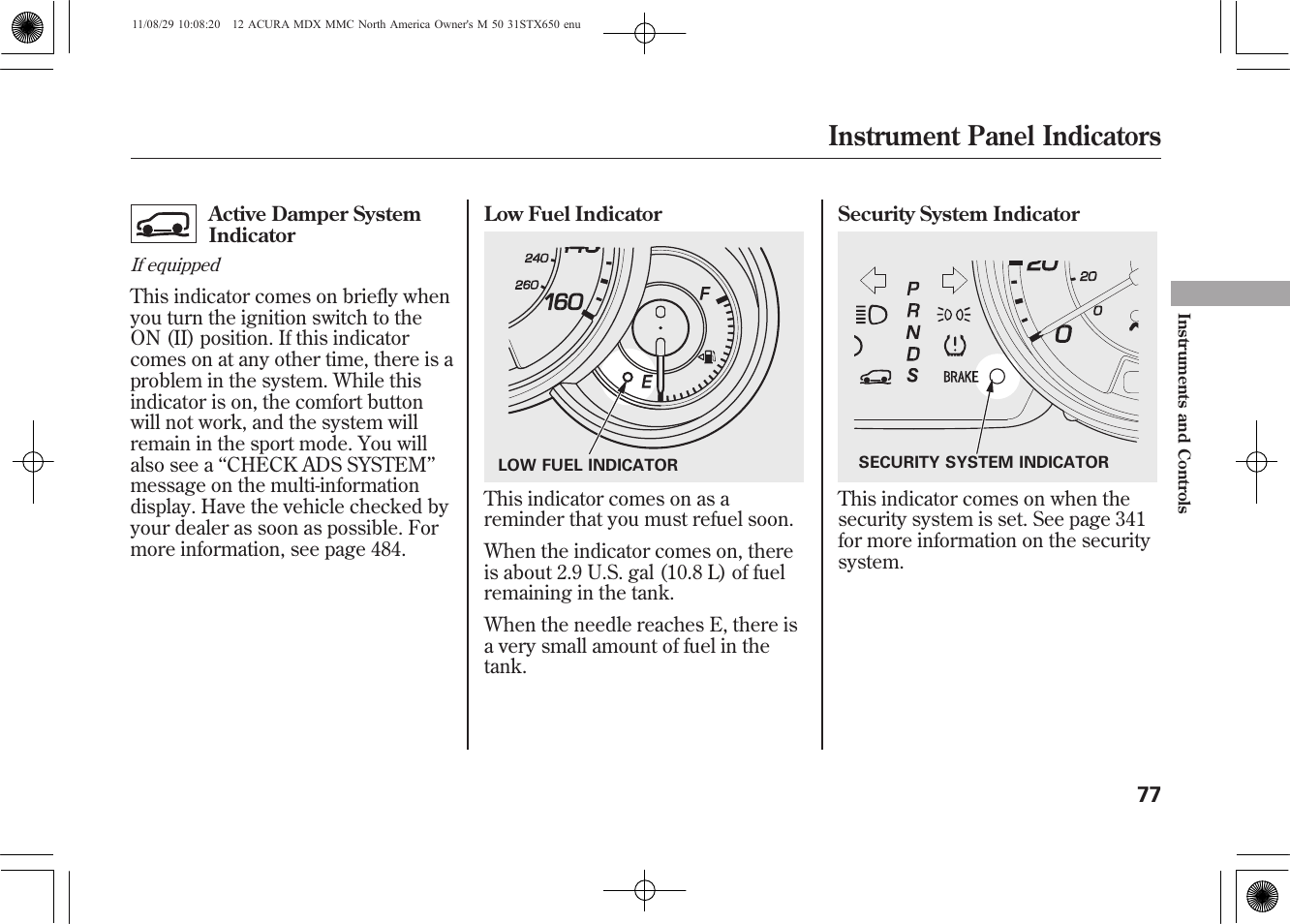 Instrument panel indicators | Acura 2012 MDX User Manual | Page 84 / 617