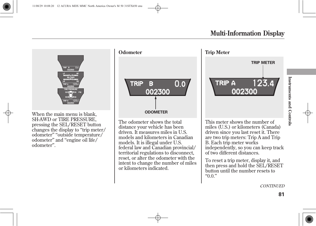 Multi-information display | Acura 2012 MDX User Manual | Page 88 / 617
