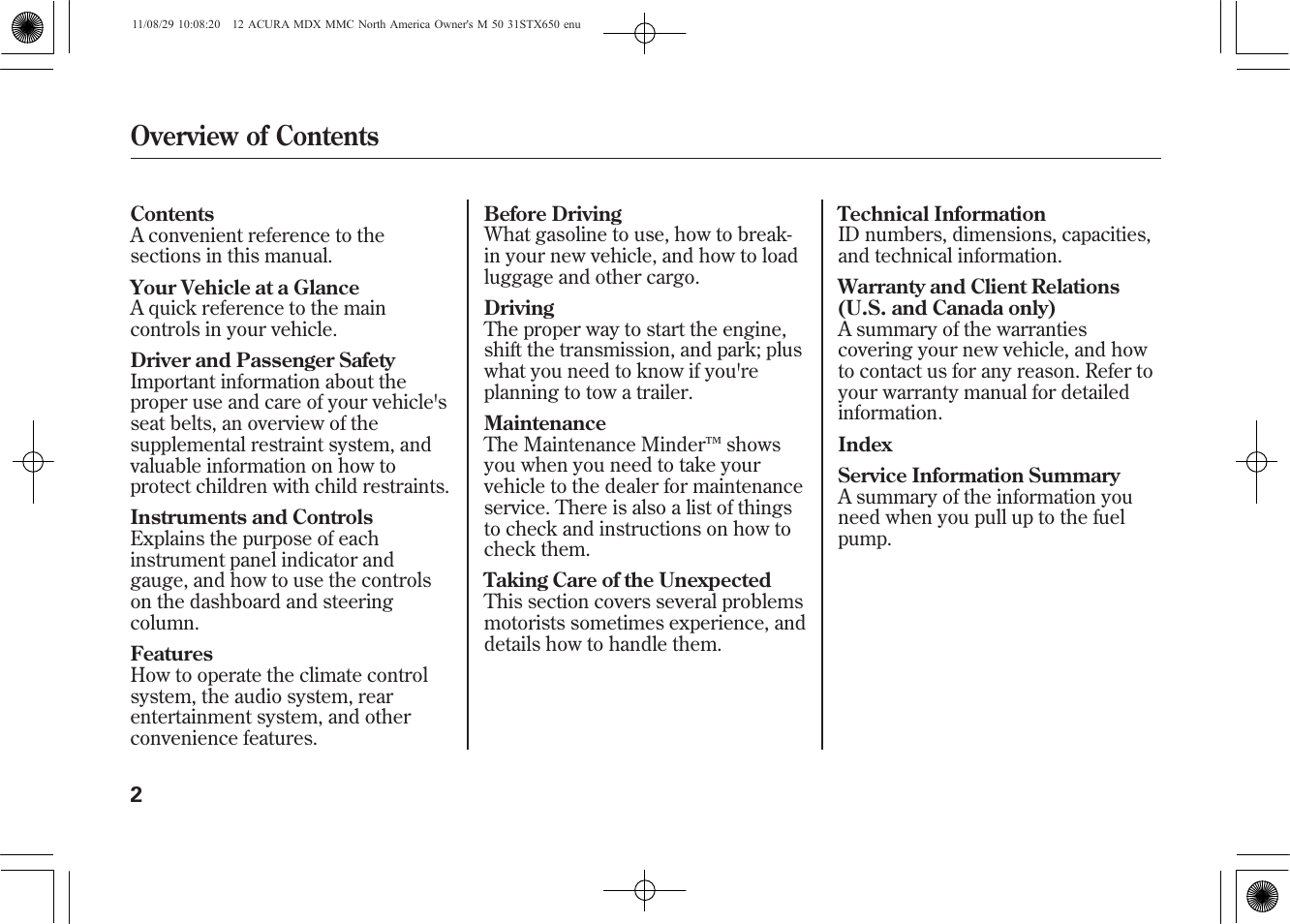Overview of contents | Acura 2012 MDX User Manual | Page 9 / 617