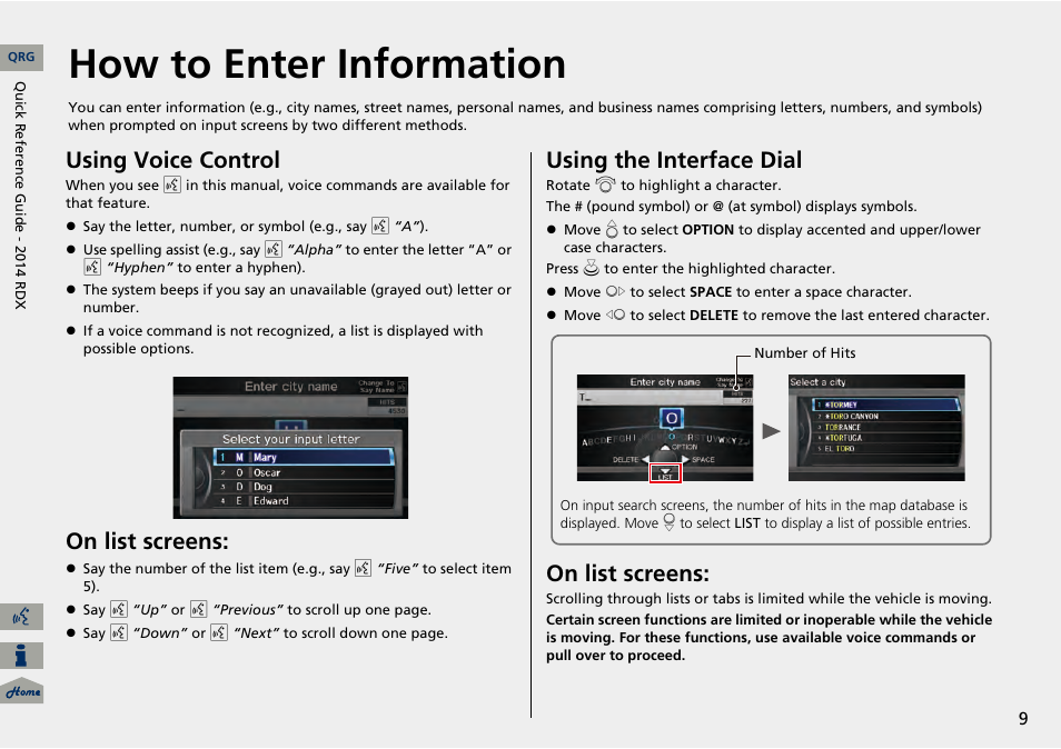 How to enter information, Using voice control, On list screens | Using the interface dial | Acura 2014 RDX Navigation User Manual | Page 10 / 260