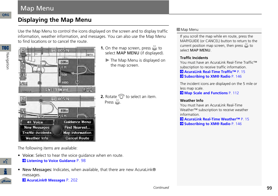 Map menu, P99), Displaying the map menu | Acura 2014 RDX Navigation User Manual | Page 100 / 260