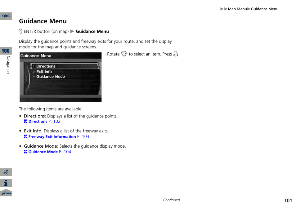 2 guidance menu, P. 101, Guidance menu | Acura 2014 RDX Navigation User Manual | Page 102 / 260