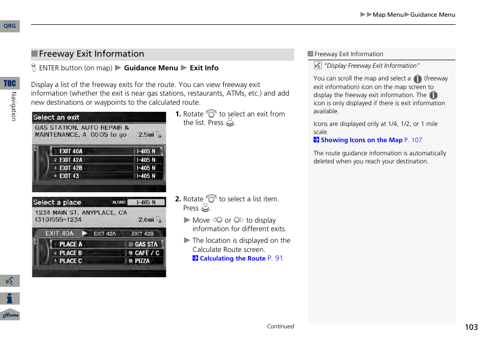 2 freeway exit information, P. 103, Freeway exit information | Acura 2014 RDX Navigation User Manual | Page 104 / 260