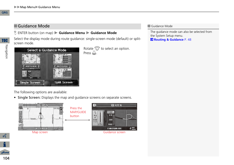 P104), 2 guidance mode, P. 104 | 2 guidance mode p. 104, Guidance mode | Acura 2014 RDX Navigation User Manual | Page 105 / 260