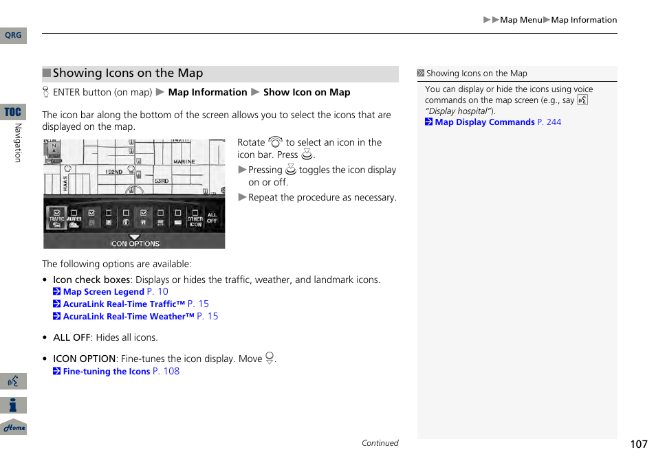 Ndmark icons, P107), 2 showing icons on the map | P. 107, Showing icons on the map | Acura 2014 RDX Navigation User Manual | Page 108 / 260