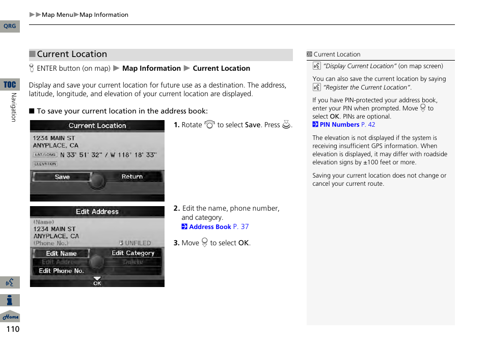 P110), 2 current location, P. 110 | Current location | Acura 2014 RDX Navigation User Manual | Page 111 / 260