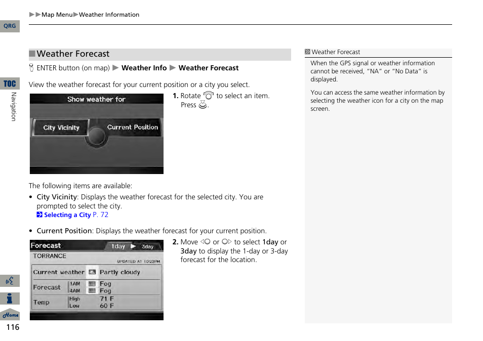 2 weather forecast, P. 116, Weather forecast | Acura 2014 RDX Navigation User Manual | Page 117 / 260