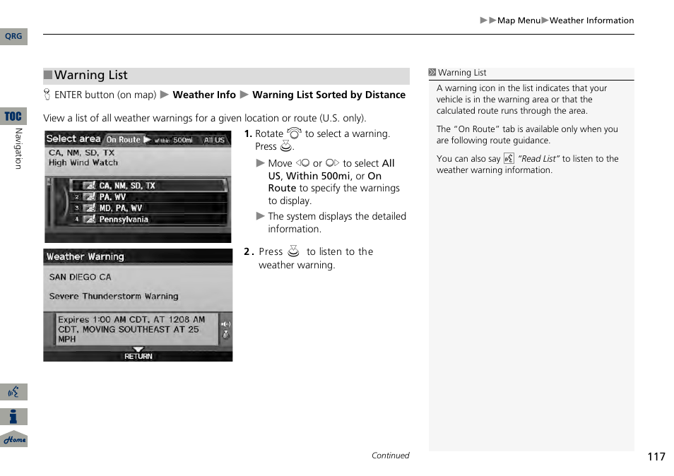 P117), 2 warning list, P. 117 | Warning list | Acura 2014 RDX Navigation User Manual | Page 118 / 260
