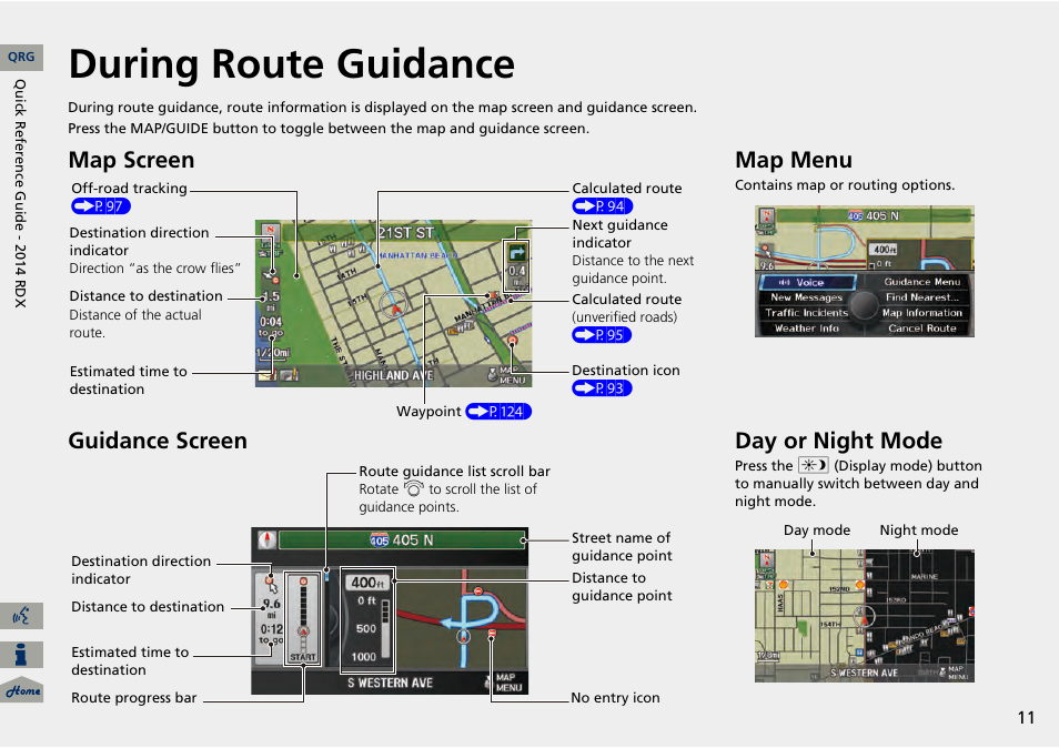 During route guidance, Map screen guidance screen, Map menu | Day or night mode | Acura 2014 RDX Navigation User Manual | Page 12 / 260