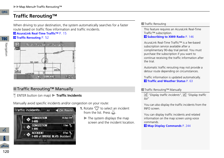 P120), 2 traffic rerouting™ p. 120, 2 traffic rerouting | P. 120, Traffic rerouting, Traffic rerouting™ manually | Acura 2014 RDX Navigation User Manual | Page 121 / 260