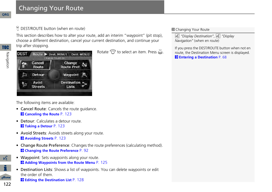 Changing your route, 2 changing your route p. 122 | Acura 2014 RDX Navigation User Manual | Page 123 / 260