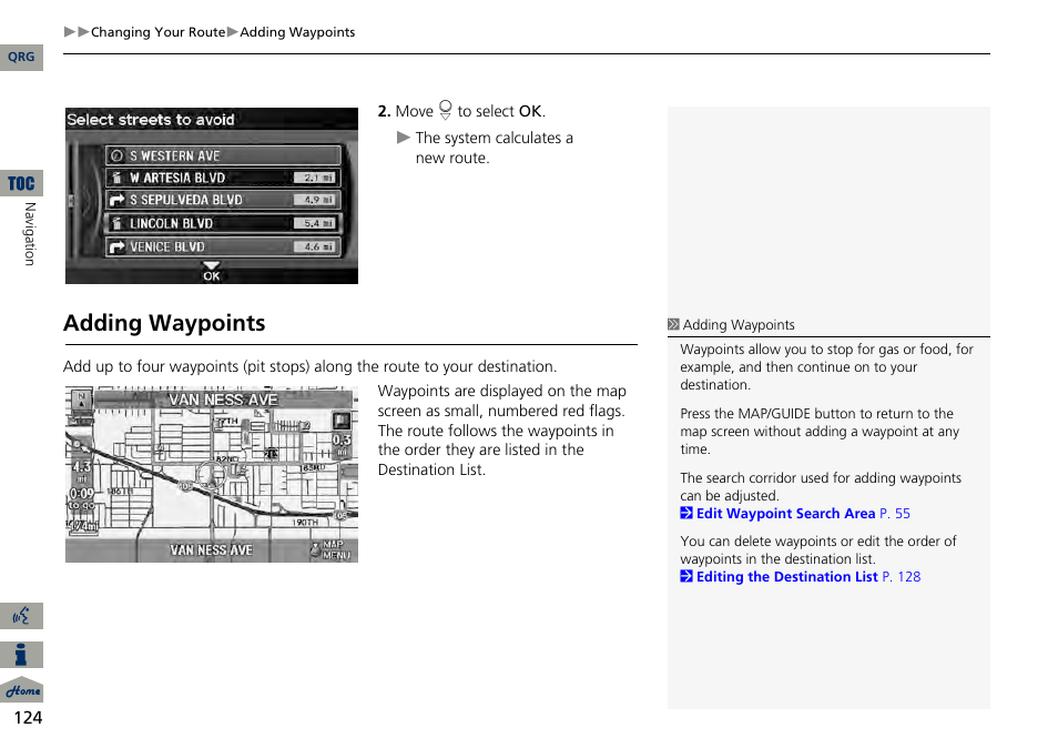 P124), Route, Adding waypoints | Acura 2014 RDX Navigation User Manual | Page 125 / 260