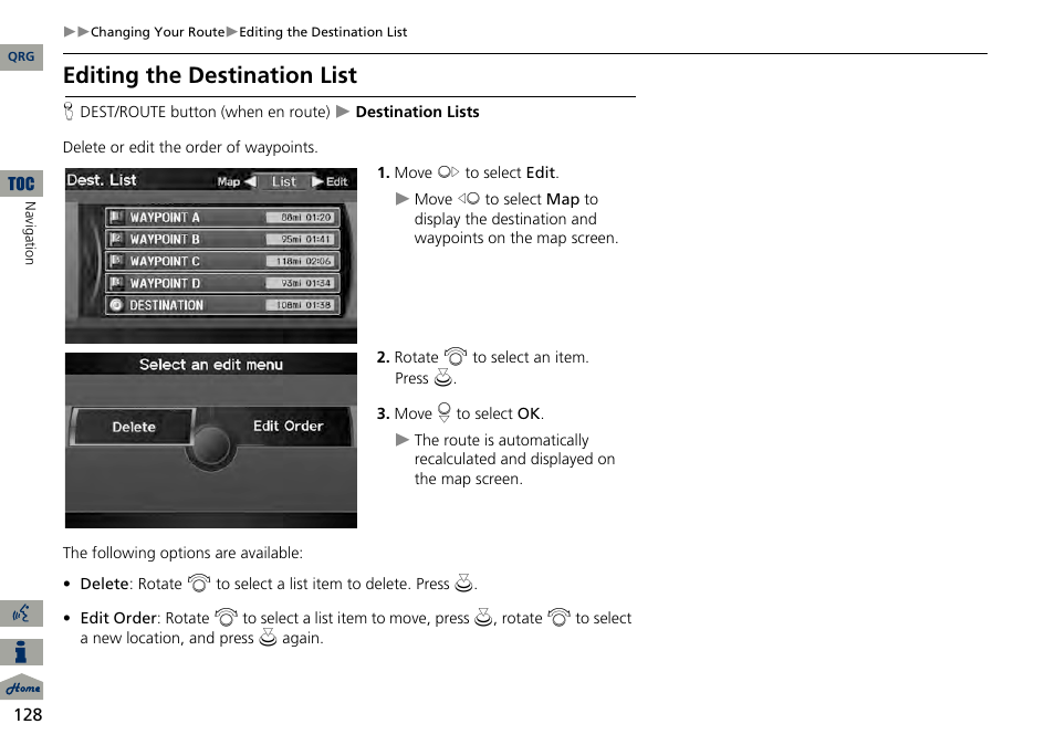 2 editing the destination list p. 128, 2 editing the destination list, P. 128 | Editing the destination list | Acura 2014 RDX Navigation User Manual | Page 129 / 260