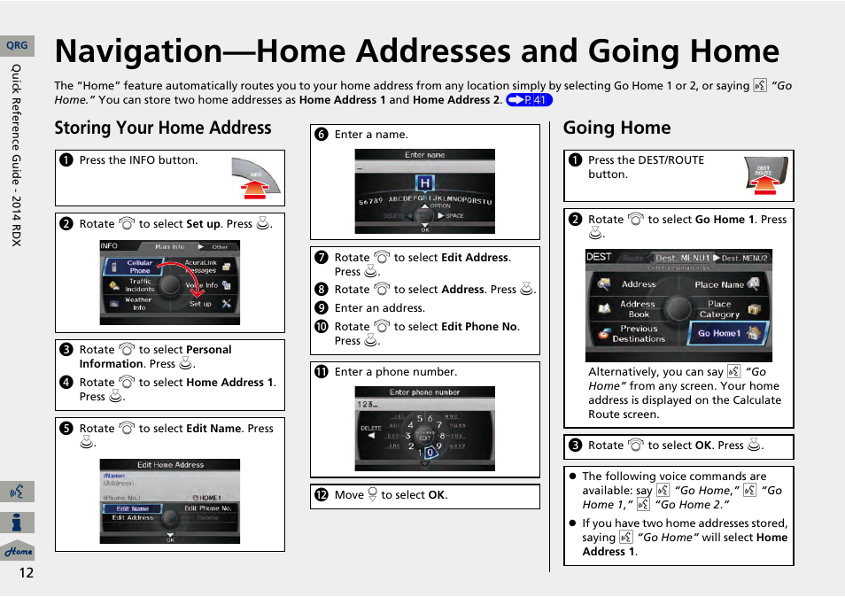 Navigation—home addresses and going home, Storing your home address, Going home | Acura 2014 RDX Navigation User Manual | Page 13 / 260