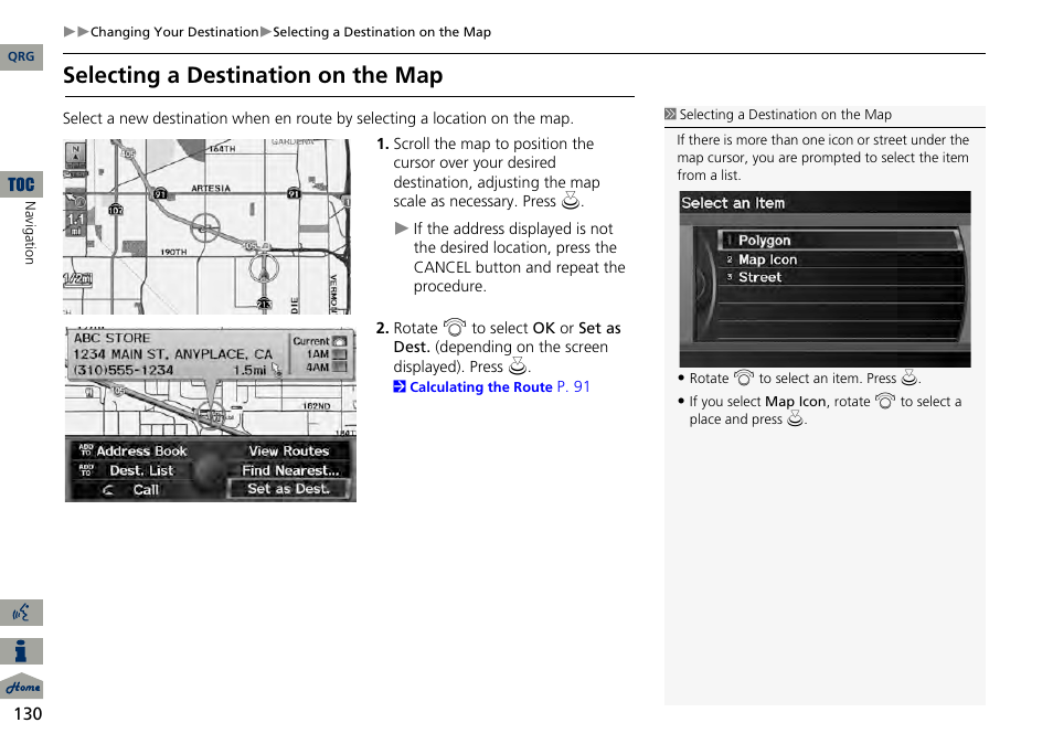 P130), Selecting a destination on the map | Acura 2014 RDX Navigation User Manual | Page 131 / 260
