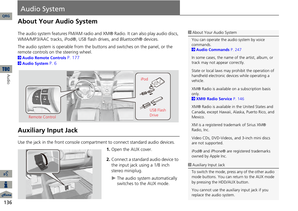Audio system, About your audio system, Auxiliary input jack | Acura 2014 RDX Navigation User Manual | Page 137 / 260