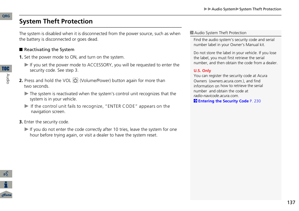 System theft protection | Acura 2014 RDX Navigation User Manual | Page 138 / 260