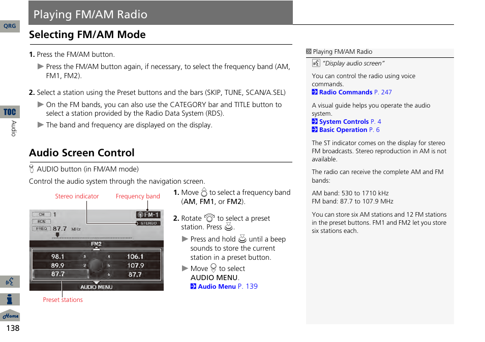 Playing fm/am radio, P138), Selecting fm/am mode | Audio screen control | Acura 2014 RDX Navigation User Manual | Page 139 / 260