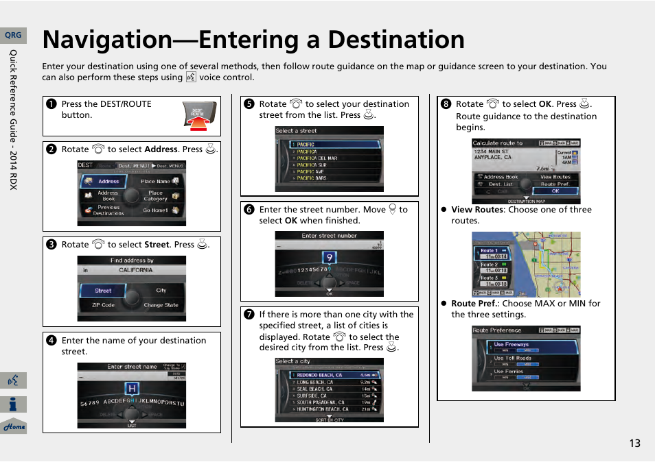 Navigation—entering a destination | Acura 2014 RDX Navigation User Manual | Page 14 / 260