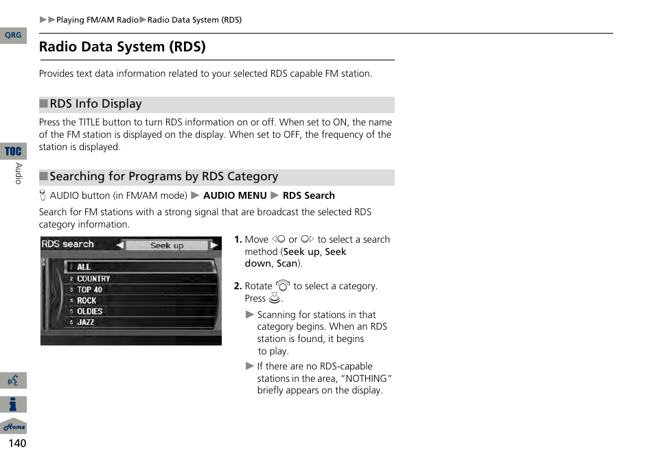 2 searching for programs by rds category, P. 140, Radio data system (rds) | Acura 2014 RDX Navigation User Manual | Page 141 / 260