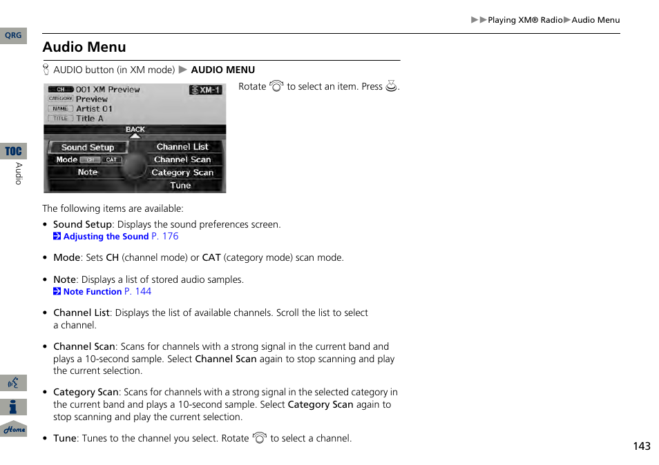 2 audio menu, P. 143, Audio menu | Acura 2014 RDX Navigation User Manual | Page 144 / 260