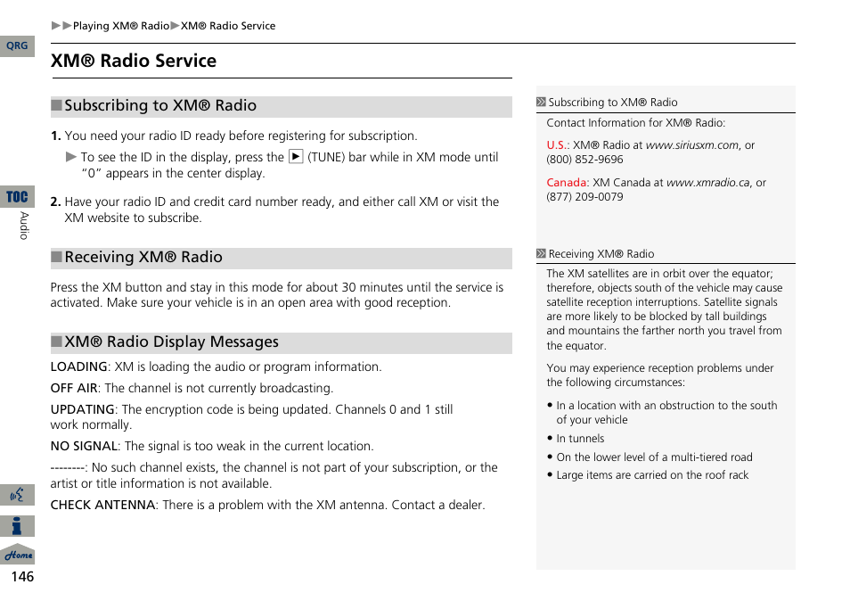 2 subscribing to xm® radio p. 146, 2 xm® radio service p. 146, 2 xm® radio display messages p. 146 | Xm® radio service | Acura 2014 RDX Navigation User Manual | Page 147 / 260