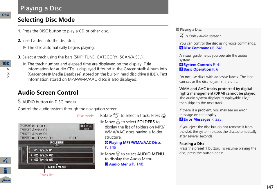 Playing a disc, P147), Tton | Selecting disc mode, Audio screen control | Acura 2014 RDX Navigation User Manual | Page 148 / 260