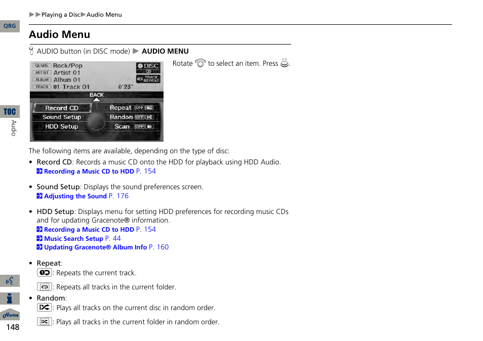 2 audio menu, P. 148, Audio menu | Acura 2014 RDX Navigation User Manual | Page 149 / 260