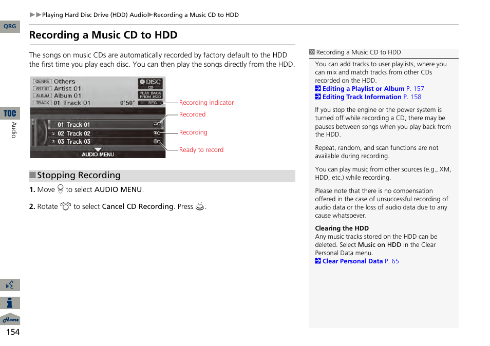 2 recording a music cd to hdd, P. 154, Recording a music cd to hdd | Stopping recording | Acura 2014 RDX Navigation User Manual | Page 155 / 260