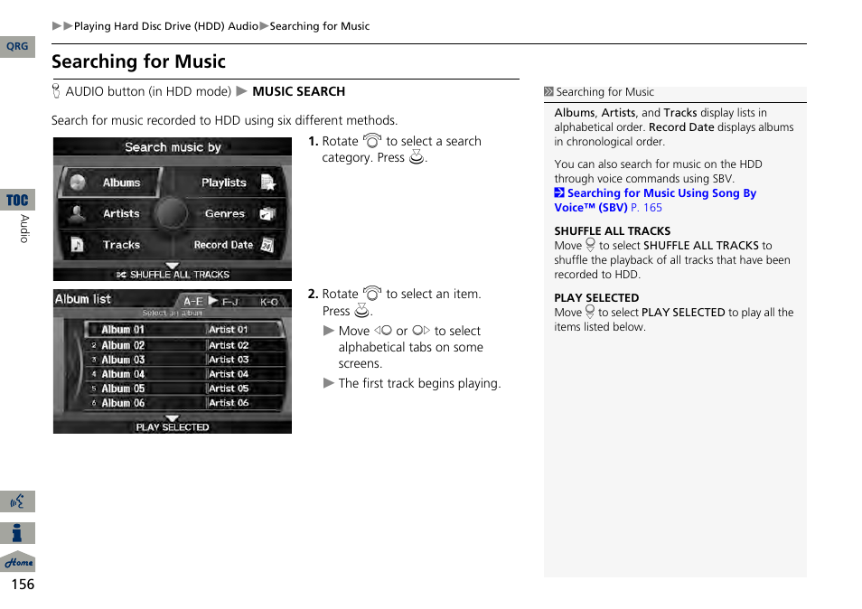 2 searching for music, P. 156, Searching for music | Acura 2014 RDX Navigation User Manual | Page 157 / 260