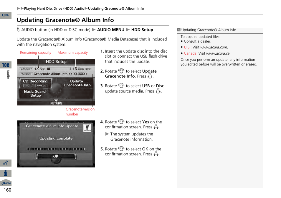 2 updating gracenote® album info, P. 160 | Acura 2014 RDX Navigation User Manual | Page 161 / 260