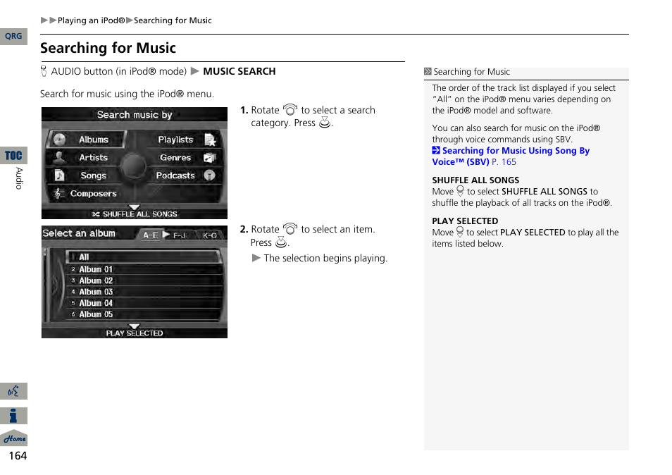 2 searching for music, P. 164, Searching for music | Acura 2014 RDX Navigation User Manual | Page 165 / 260