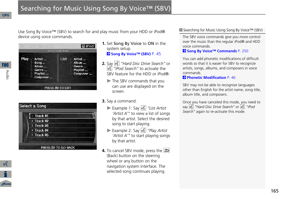 Searching for music using song by voice™ (sbv), Searching for music using song by voice, Sbv) | Acura 2014 RDX Navigation User Manual | Page 166 / 260
