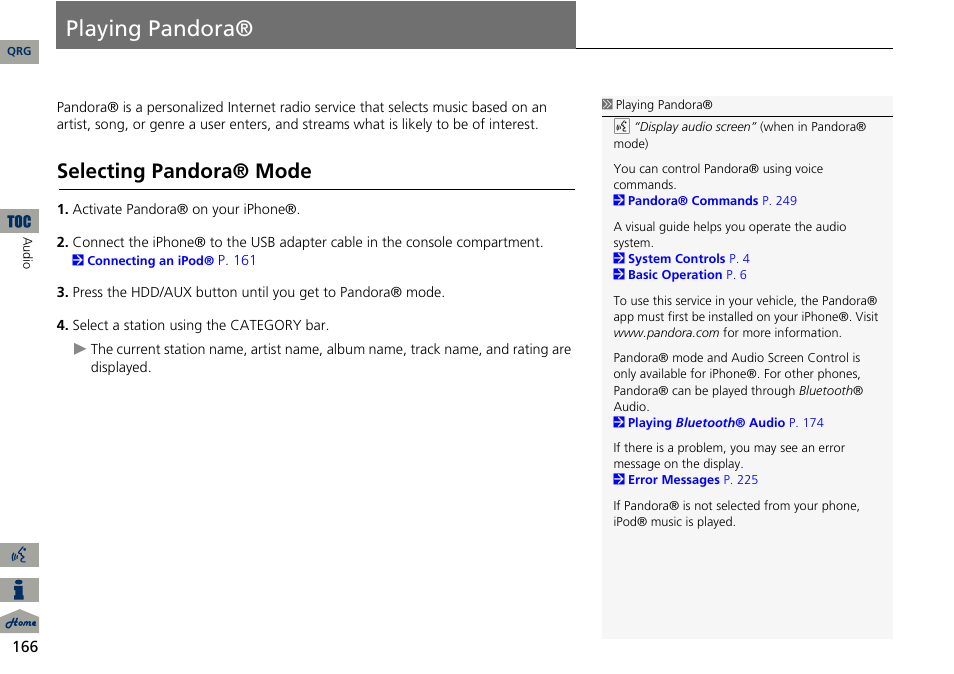 Playing pandora, P166), Selecting pandora® mode | Acura 2014 RDX Navigation User Manual | Page 167 / 260