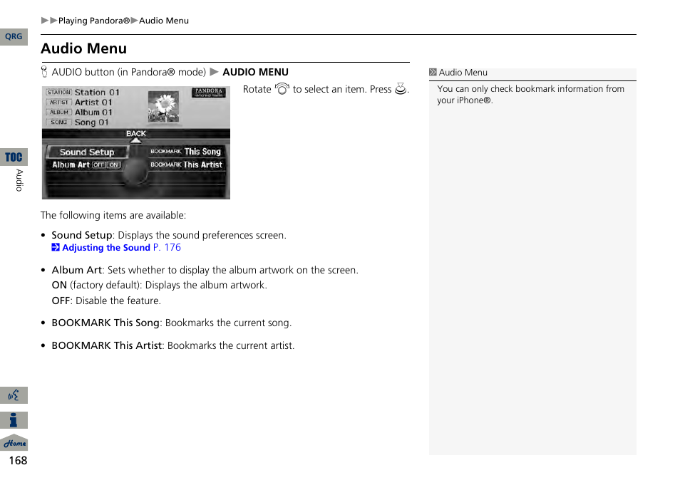Audio menu | Acura 2014 RDX Navigation User Manual | Page 169 / 260