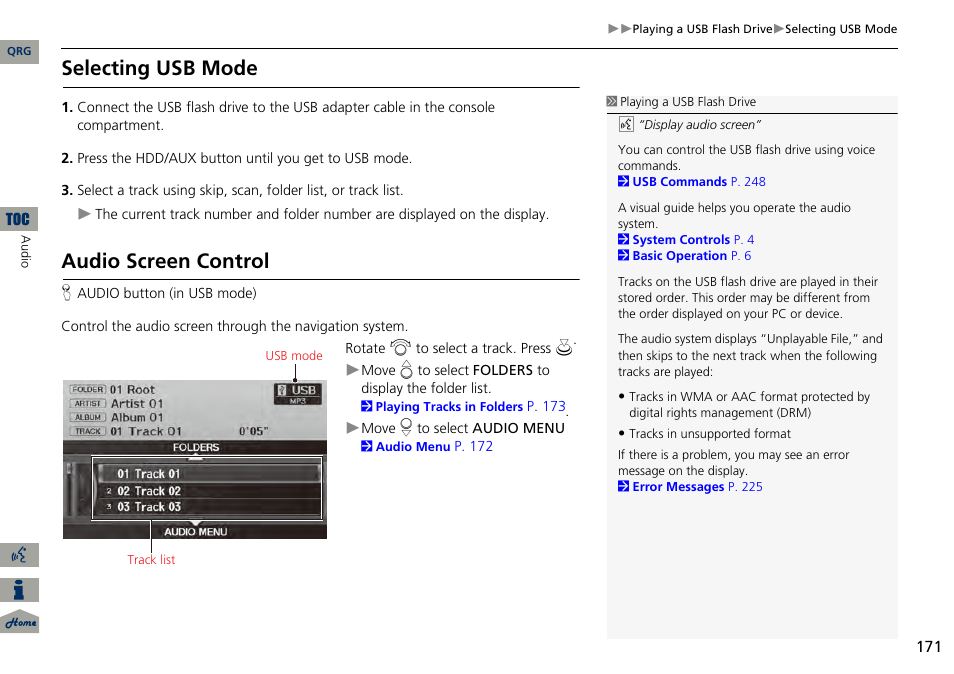Selecting usb mode, Audio screen control | Acura 2014 RDX Navigation User Manual | Page 172 / 260