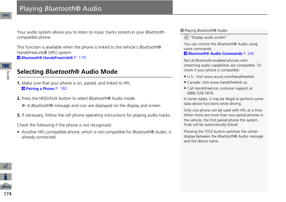 Playing bluetooth® audio, P174), Audio | Playing bluetooth ® audio, 2 playing bluetooth ® audio p. 174, Selecting bluetooth ® audio mode | Acura 2014 RDX Navigation User Manual | Page 175 / 260
