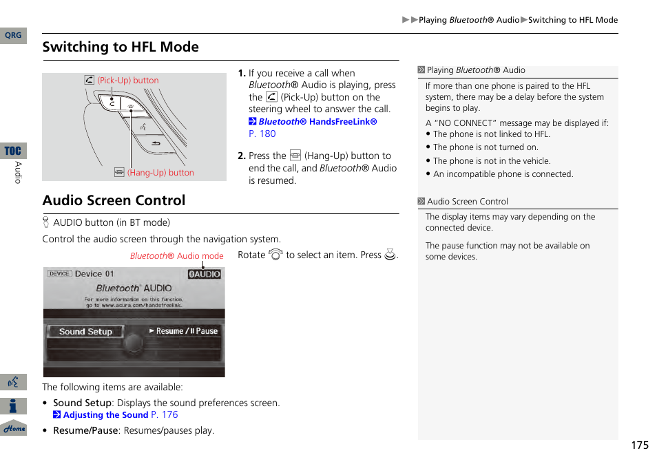 Switching to hfl mode, Audio screen control | Acura 2014 RDX Navigation User Manual | Page 176 / 260