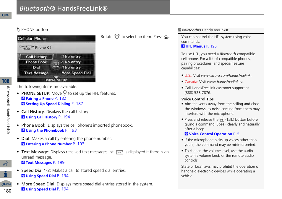 Bluetooth® handsfreelink, P180), 2 bluetooth ® handsfreelink® p. 180 | 2 bluetooth ® handsfreelink, P. 180, Bluetooth ® handsfreelink | Acura 2014 RDX Navigation User Manual | Page 181 / 260