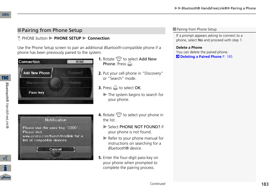 Pairing from phone setup | Acura 2014 RDX Navigation User Manual | Page 184 / 260