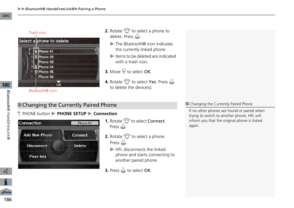 Changing the currently paired phone | Acura 2014 RDX Navigation User Manual | Page 187 / 260