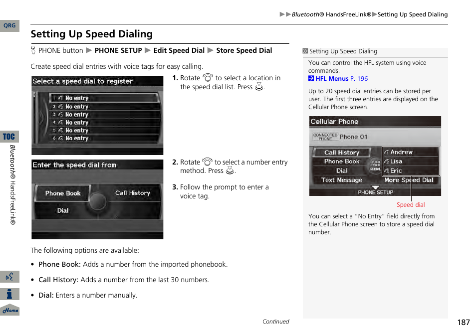 2 setting up speed dialing, P. 187, Setting up speed dialing | Acura 2014 RDX Navigation User Manual | Page 188 / 260