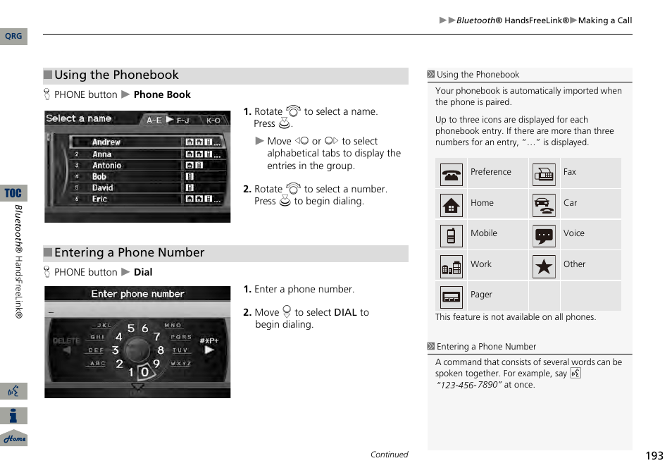2 using the phonebook, P. 193, 2 entering a phone number | Using the phonebook, Entering a phone number | Acura 2014 RDX Navigation User Manual | Page 194 / 260
