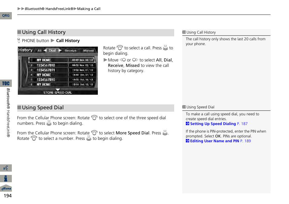 2 using call history, P. 194, 2 using speed dial | Using call history, Using speed dial | Acura 2014 RDX Navigation User Manual | Page 195 / 260
