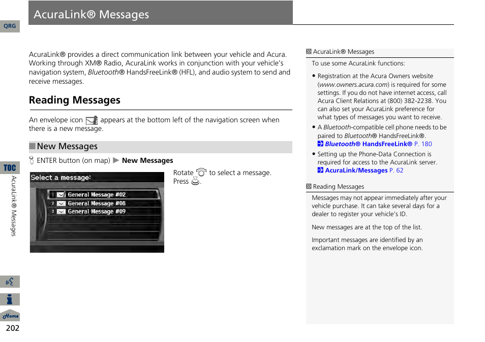 Acuralink® messages, P202), 2 acuralink® messages p. 202 | 2 acuralink® messages, P. 202, Reading messages | Acura 2014 RDX Navigation User Manual | Page 203 / 260